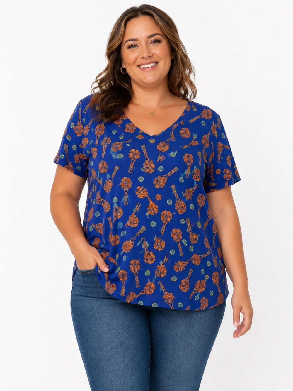 LuLaRoe-Christy T- Blue Tennis Racket Print Top